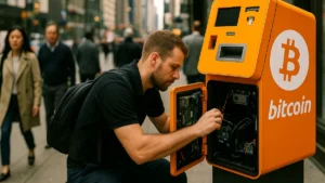 A crypto ATM technician servicing a Bitcoin kiosk on a city street with people walking nearby during the day.