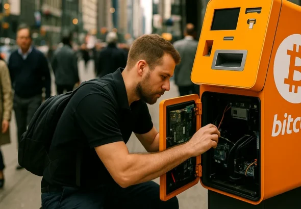 A crypto ATM technician servicing a Bitcoin kiosk on a city street with people walking nearby during the day.