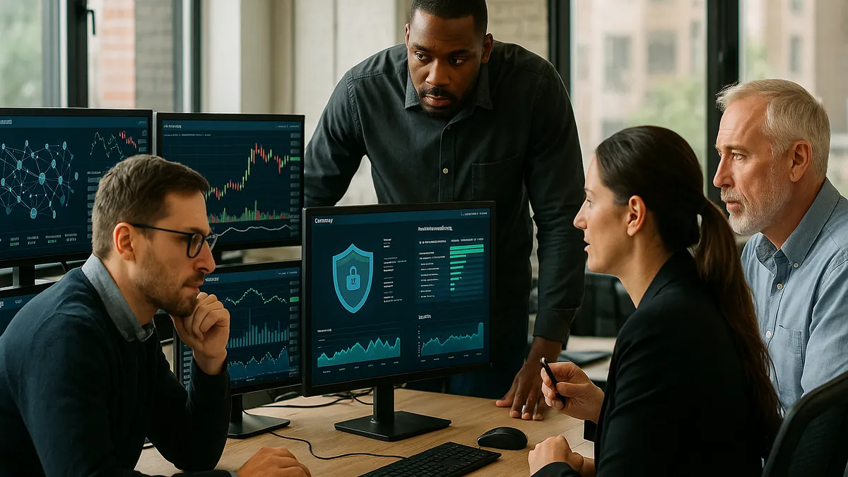 A cryptocurrency exchange office showing professionals monitoring blockchain data and liquidity charts on multiple screens during a workday.