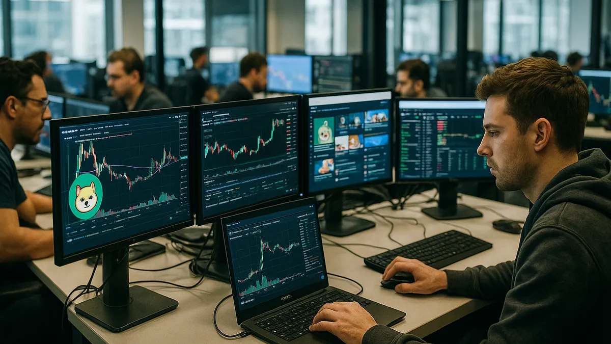A cryptocurrency trading desk showing multiple monitors with token charts and social media feeds in a modern office environment.