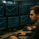 A cryptocurrency trading desk showing multiple screens with Bitcoin price charts and traders analyzing market data