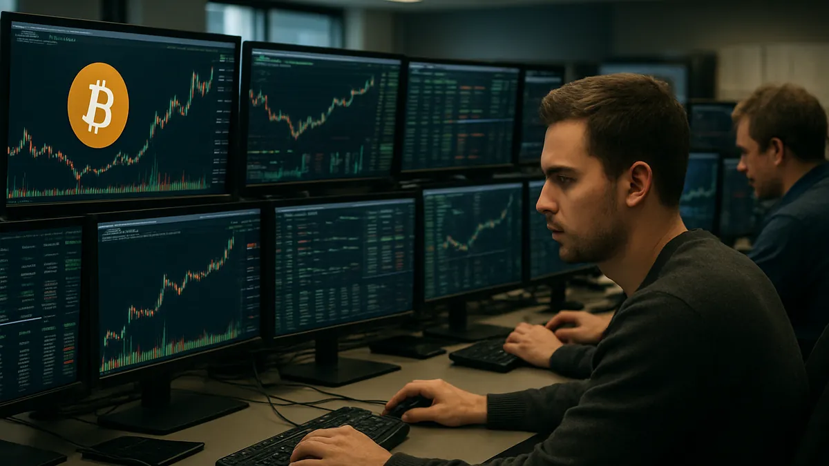 A cryptocurrency trading desk showing multiple screens with Bitcoin price charts and traders analyzing market data