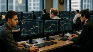 A cryptocurrency trading desk showing traders monitoring multiple screens with crypto price charts and market data in a modern office setting.
