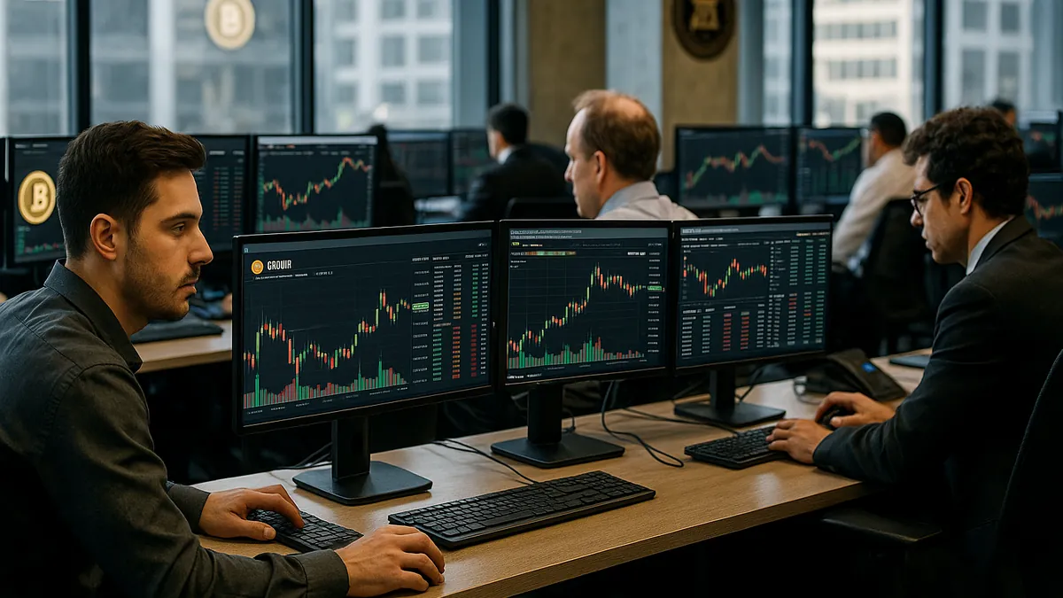 A cryptocurrency trading desk showing traders monitoring multiple screens with crypto price charts and market data in a modern office setting.