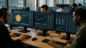 A cryptocurrency trading desk with multiple screens showing Bitcoin prices and token data, traders working in a modern office setting.