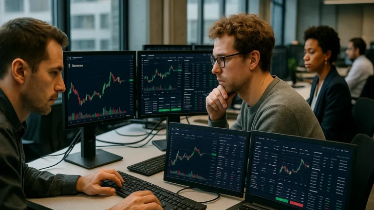 A cryptocurrency trading desk with multiple screens showing Ethereum charts and exchange data, traders working in a modern office.