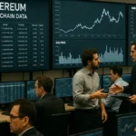 A cryptocurrency trading floor with traders monitoring Ethereum blockchain data and gas fee charts on multiple large screens.