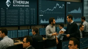 A cryptocurrency trading floor with traders monitoring Ethereum blockchain data and gas fee charts on multiple large screens.