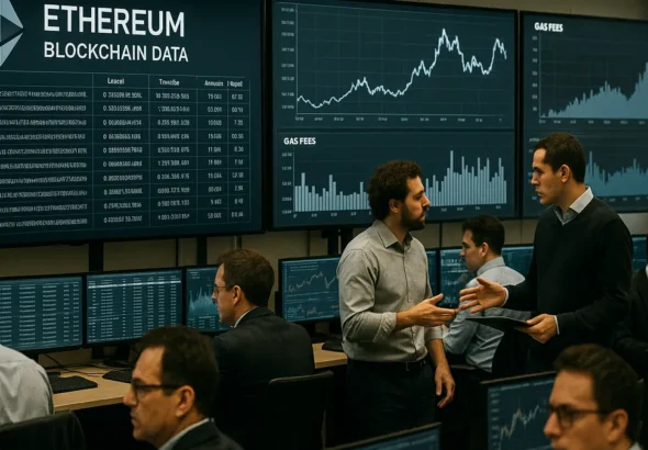 A cryptocurrency trading floor with traders monitoring Ethereum blockchain data and gas fee charts on multiple large screens.