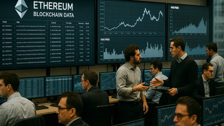 A cryptocurrency trading floor with traders monitoring Ethereum blockchain data and gas fee charts on multiple large screens.