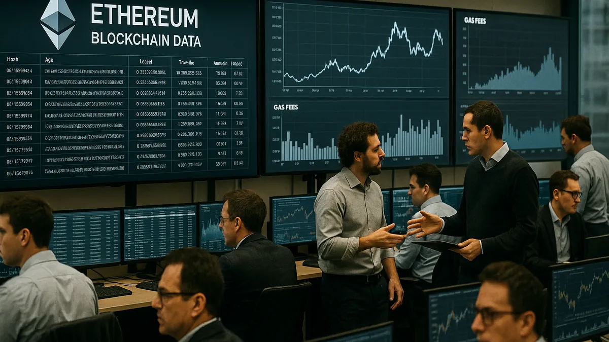 A cryptocurrency trading floor with traders monitoring Ethereum blockchain data and gas fee charts on multiple large screens.