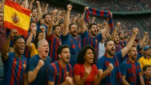 A diverse group of soccer fans cheering and watching a LALIGA match inside a stadium with banners and team colors visible.
