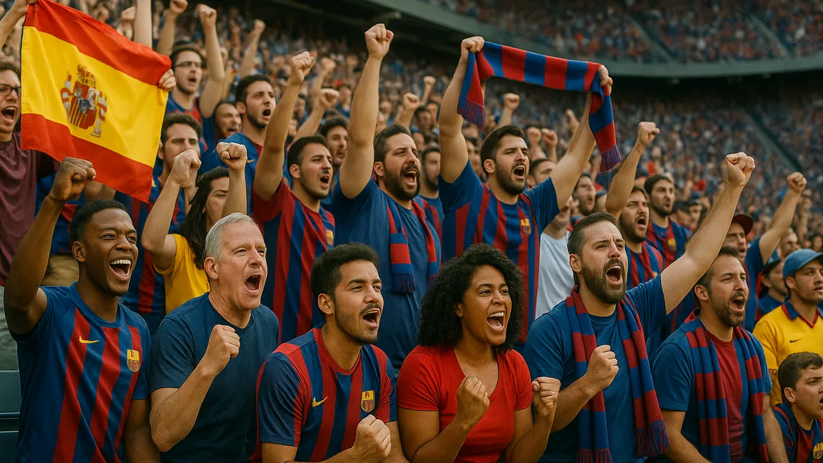 A diverse group of soccer fans cheering and watching a LALIGA match inside a stadium with banners and team colors visible.