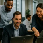 A diverse team of corporate office workers collaborating on computers in a modern office environment.
