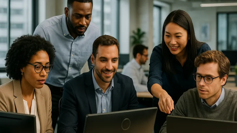 A diverse team of corporate office workers collaborating on computers in a modern office environment.