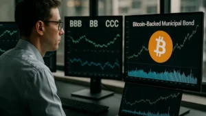 A financial analyst in an office studying bond market data and credit ratings on multiple computer screens.