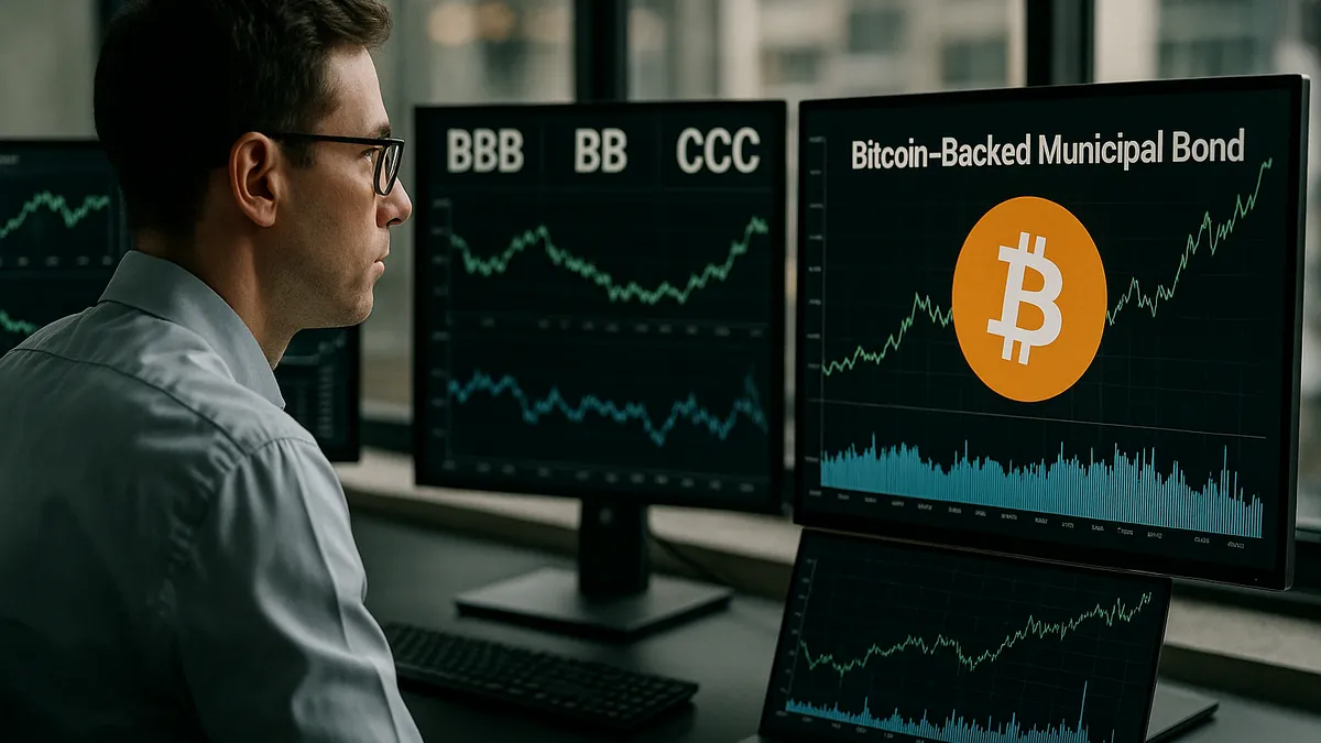 A financial analyst in an office studying bond market data and credit ratings on multiple computer screens.