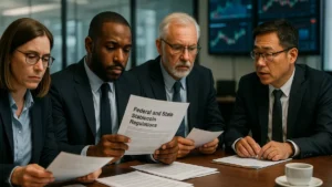 A group of financial regulators and industry experts discussing stablecoin regulations around a conference table with documents and digital charts.