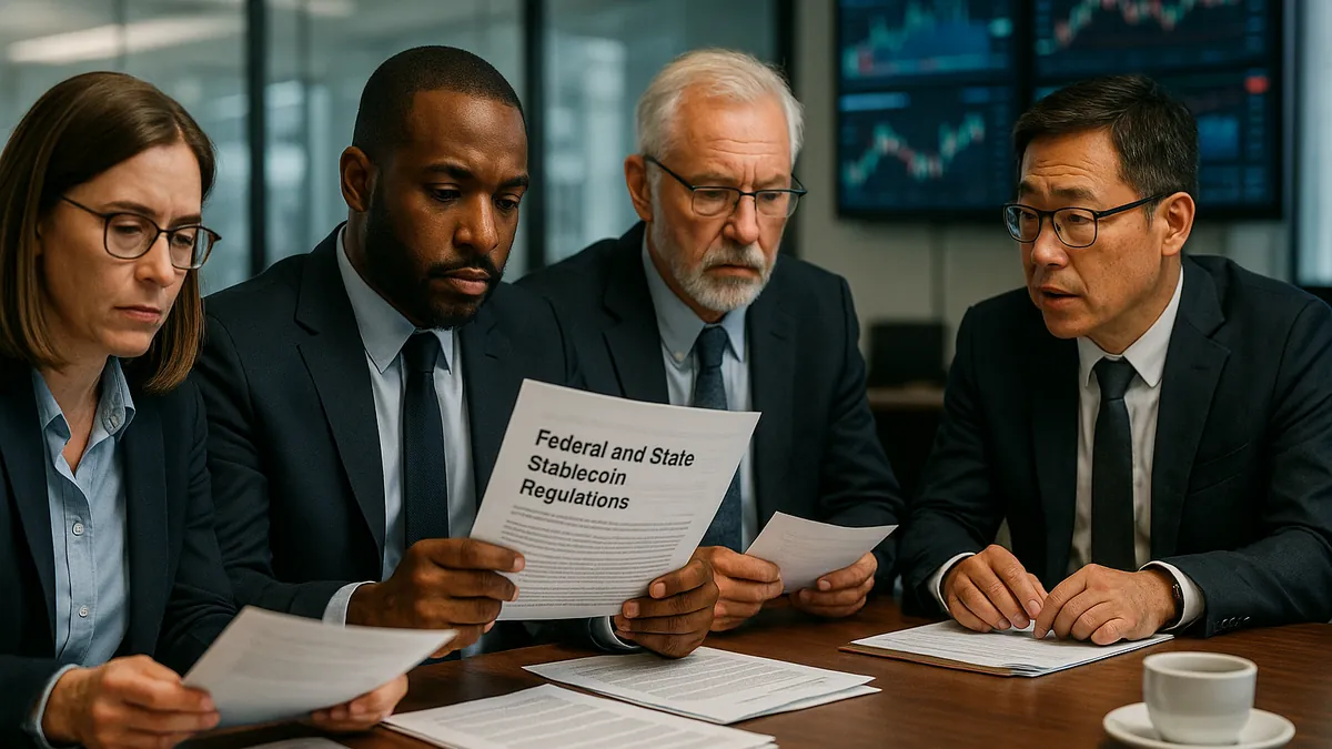 A group of financial regulators and industry experts discussing stablecoin regulations around a conference table with documents and digital charts.