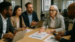 A group of professionals discussing cryptocurrency market trends around a table with laptops and charts in a modern office.