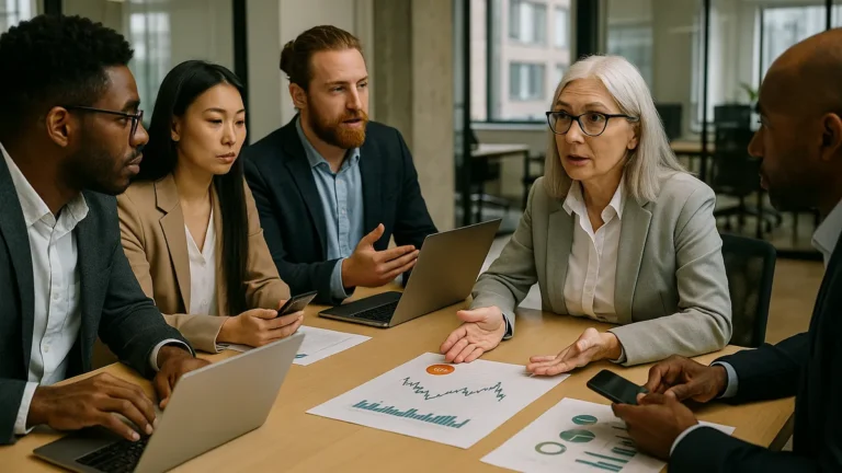 A group of professionals discussing cryptocurrency market trends around a table with laptops and charts in a modern office.