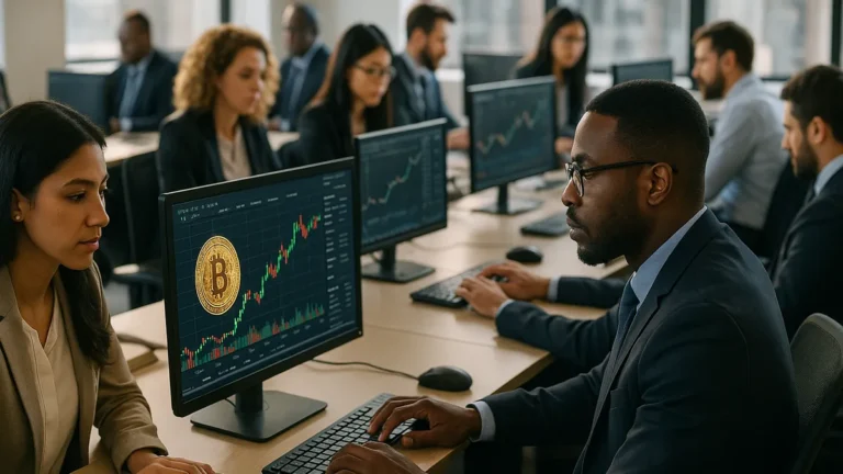 A group of professionals in a corporate office analyzing Bitcoin charts on computer screens during a workday.