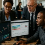 A group of professionals working around computer screens showing financial and event contract data in a modern office setting.