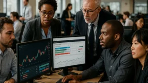 A group of professionals working around computer screens showing financial and event contract data in a modern office setting.