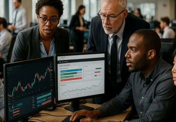A group of professionals working around computer screens showing financial and event contract data in a modern office setting.