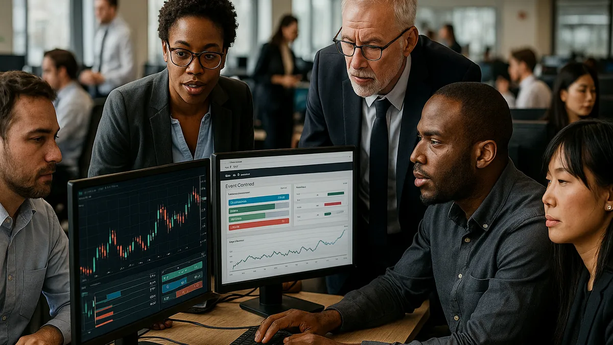 A group of professionals working around computer screens showing financial and event contract data in a modern office setting.