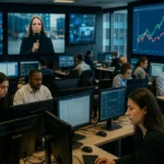 A newsroom filled with journalists and large screens displaying live news and real-time market prediction data graphics.