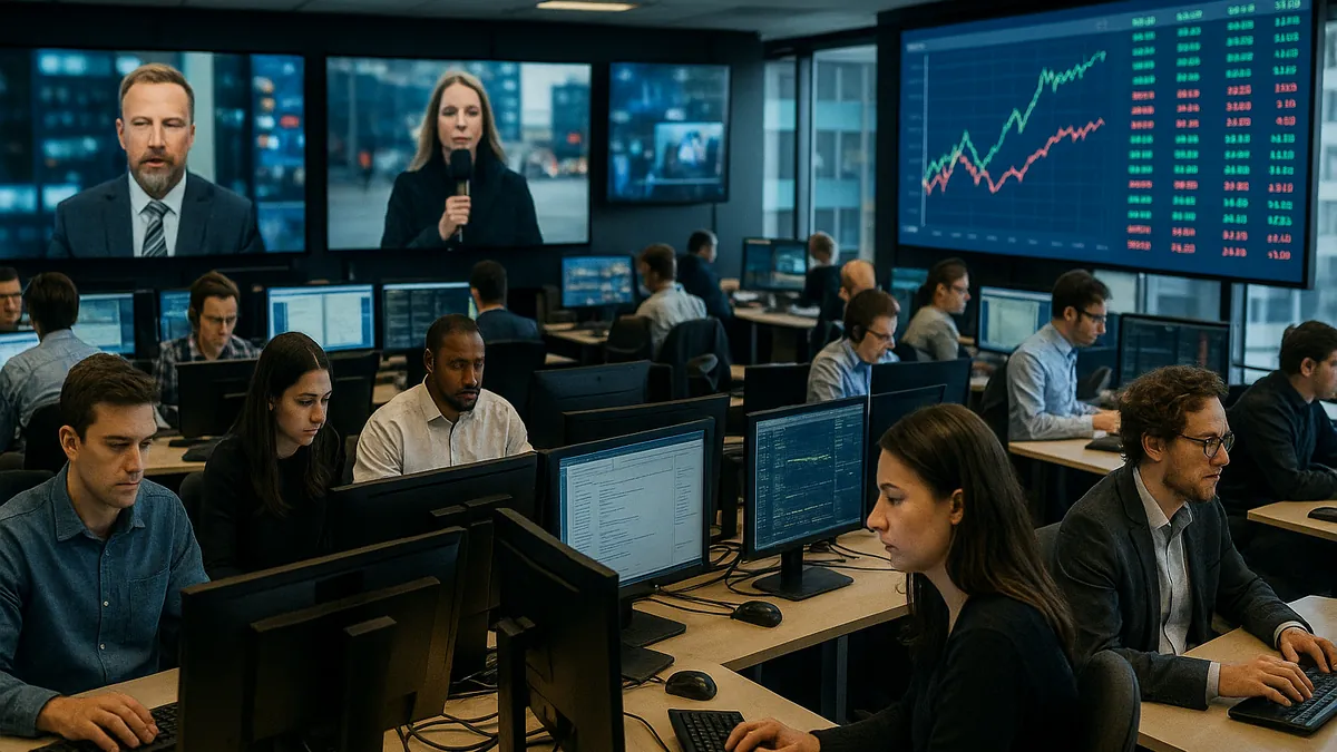 A newsroom filled with journalists and large screens displaying live news and real-time market prediction data graphics.