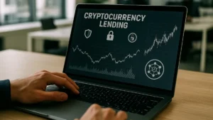 A person working on a laptop showing a cryptocurrency lending platform with blockchain charts and security indicators in an office environment.
