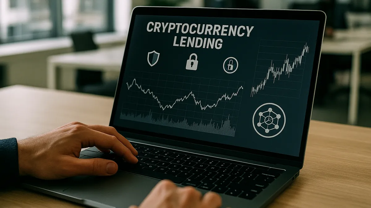 A person working on a laptop showing a cryptocurrency lending platform with blockchain charts and security indicators in an office environment.