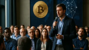 A speaker delivering a presentation on blockchain and cryptocurrency at a conference with an engaged audience in a modern venue.