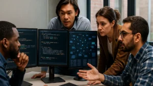 A team of blockchain developers working together on computers displaying blockchain code and network data in an office setting.
