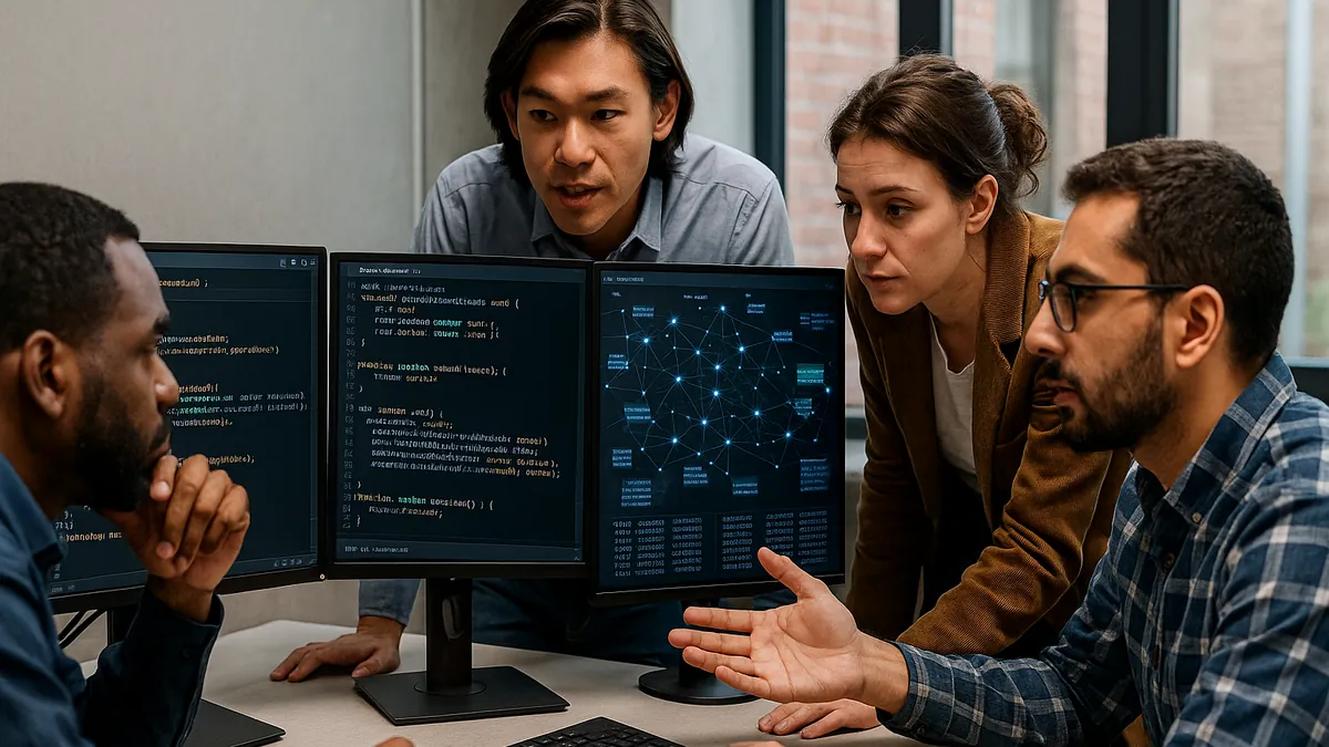 A team of blockchain developers working together on computers displaying blockchain code and network data in an office setting.