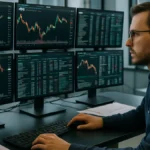 A trader at a cryptocurrency trading desk with multiple screens showing AVAX price charts and market data in a modern office.