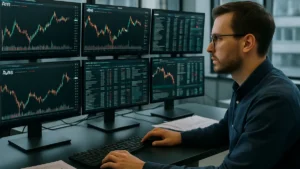 A trader at a cryptocurrency trading desk with multiple screens showing AVAX price charts and market data in a modern office.
