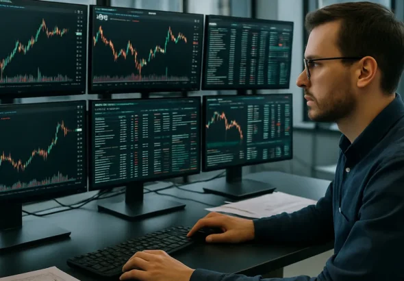 A trader at a cryptocurrency trading desk with multiple screens showing AVAX price charts and market data in a modern office.