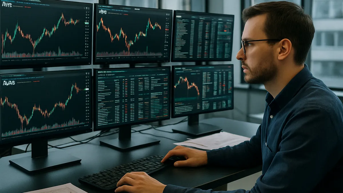 A trader at a cryptocurrency trading desk with multiple screens showing AVAX price charts and market data in a modern office.