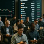 Attendees at a cryptocurrency conference viewing token price charts and leaderboards on digital devices and screens.