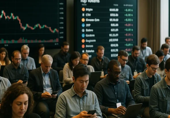 Attendees at a cryptocurrency conference viewing token price charts and leaderboards on digital devices and screens.