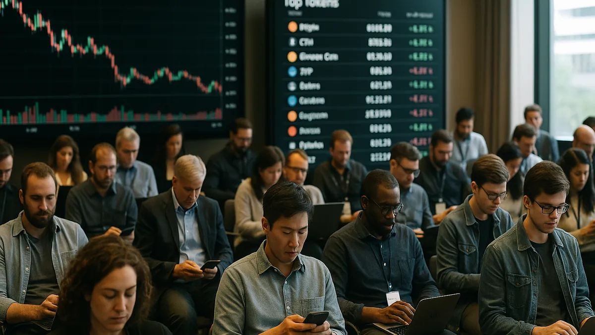 Attendees at a cryptocurrency conference viewing token price charts and leaderboards on digital devices and screens.