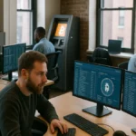 Employees working in a crypto ATM operator office with multiple monitors showing cryptocurrency data and transactions.