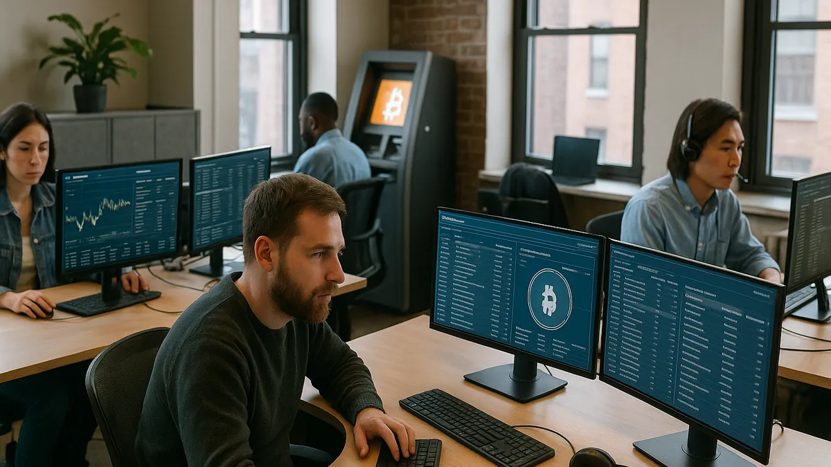 Employees working in a crypto ATM operator office with multiple monitors showing cryptocurrency data and transactions.
