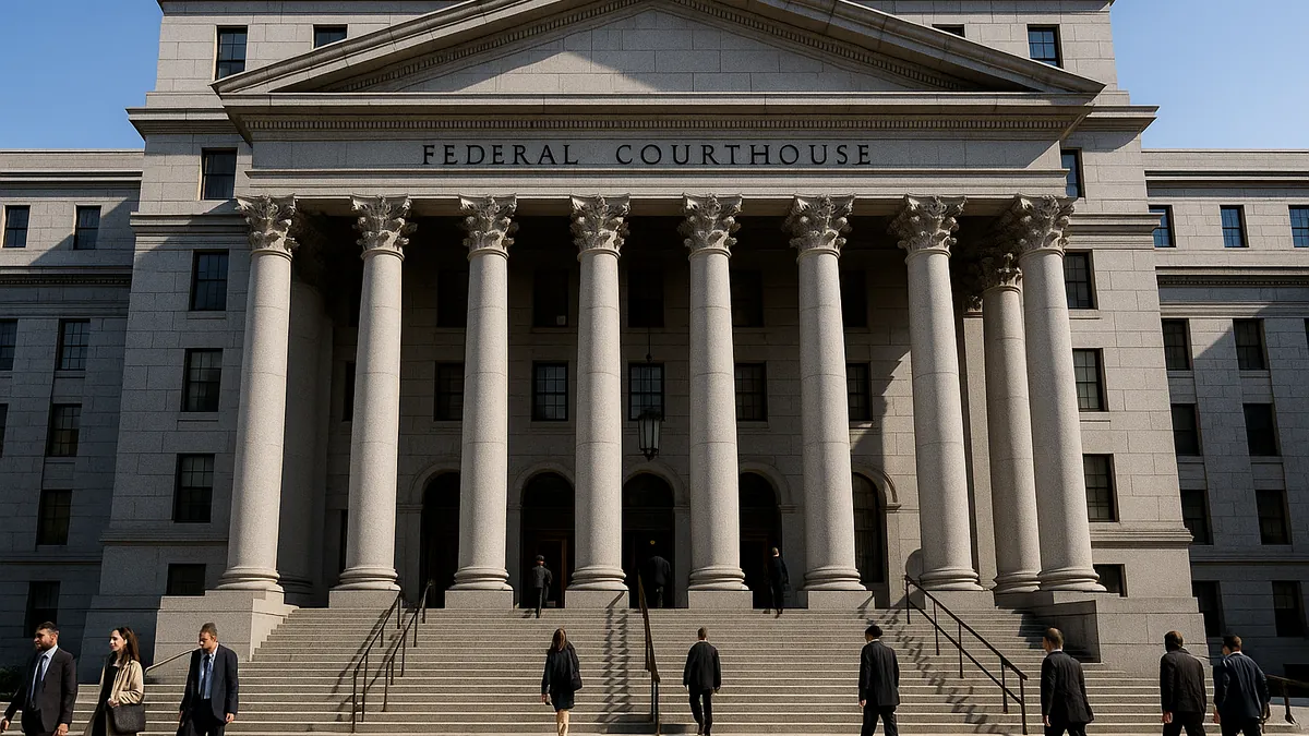 Exterior view of a federal courthouse with people walking on steps and entering the building during daytime.