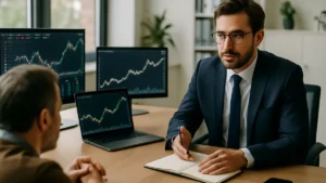 Financial advisor consulting a client in an office with screens showing stock and cryptocurrency data