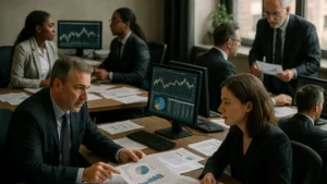 Financial advisor office with professionals reviewing investment portfolios and financial charts on computer screens