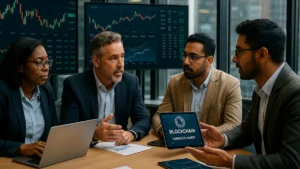 Financial professionals discussing blockchain and tokenized assets around a conference table with digital market data visible on screens.